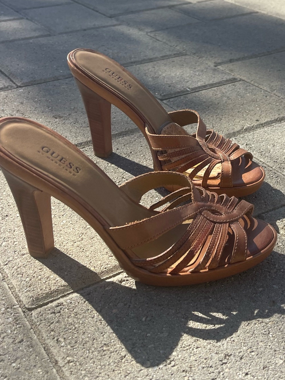 GUESS Tan Strappy High Heel Mules leather